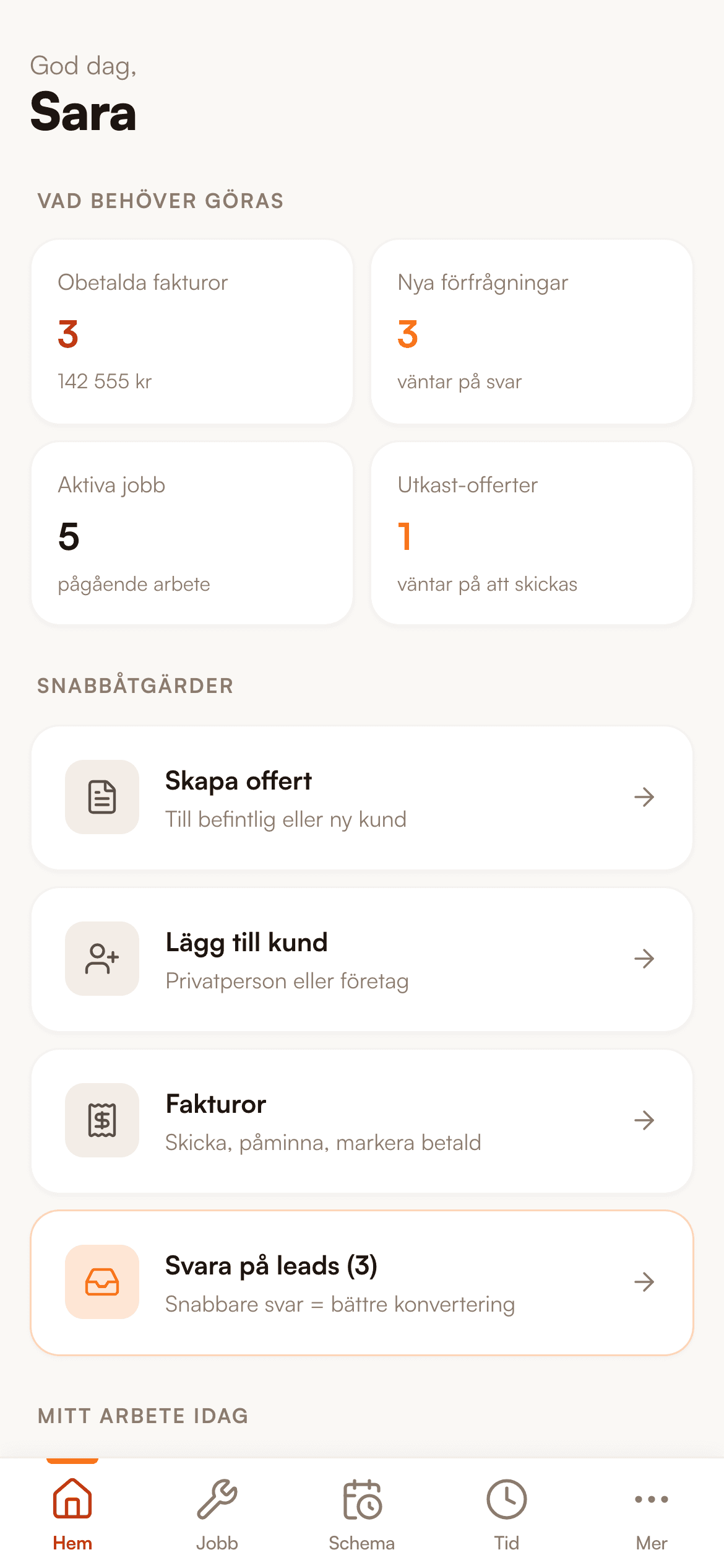 Startsidan i Handyfy-appen