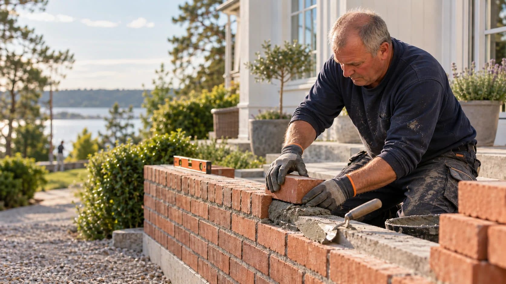 Murare som lägger tegel vid ett hus